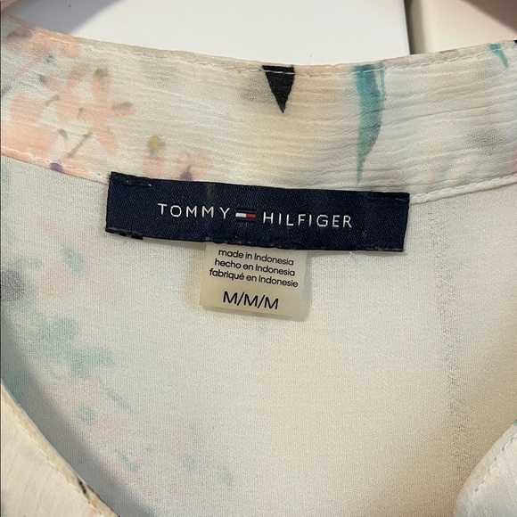 Tommy Hilfiger Floral Ruffle Blouse Lined White Black Turquoise Colors, Size M - Picture 2 of 12